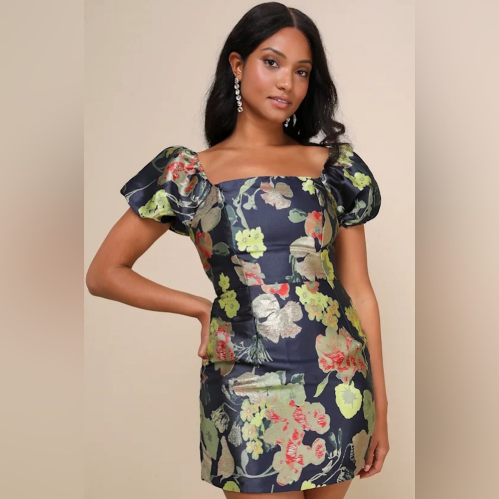 Lulu's So Stunning Navy Blue Floral Jacquard Puff Sleeve Mini Dress Size medium